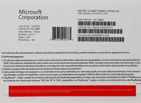 Licencja detaliczna FPP Opakowanie DVD COA Windows 10 Pro Oem Pack